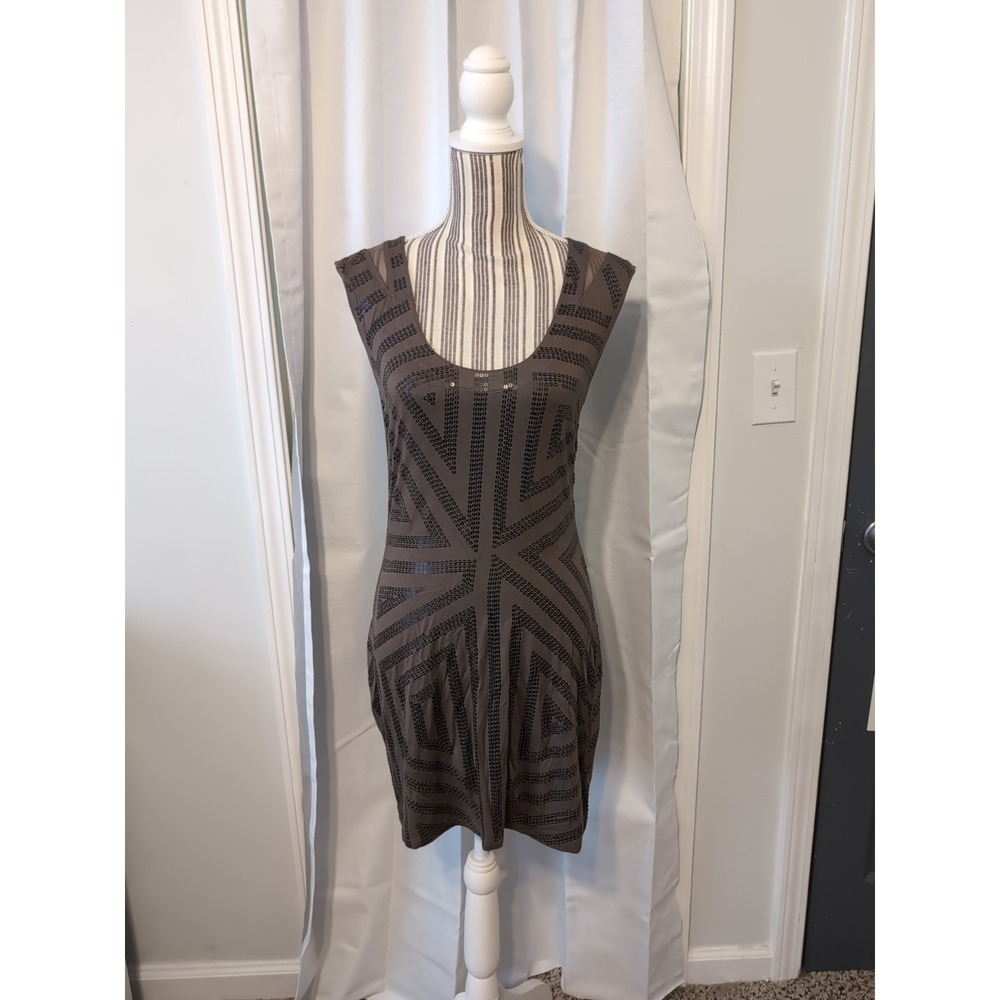 Express NWT Taupe Sequined Mesh Sheer Low Back Sleeveless Dress Small Bodycon